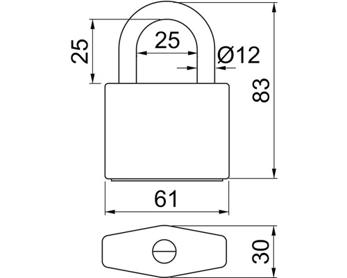 Technický nákres visacího zámku s rozměry