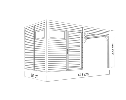 Ilustrace zahradního domku s hloubkou 234 centimetrů, šířkou 449 centimetrů a výškou 232 centimetrů.