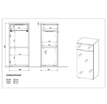 Technický nákres spodní skříňky s údaji o šířce, výšce a hloubce