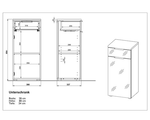 Technický nákres spodní skříňky s údaji o šířce, výšce a hloubce