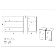 Technický nákres skříňky pod umyvadlo s rozměry