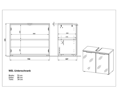 Technický nákres skříňky pod umyvadlo s rozměry