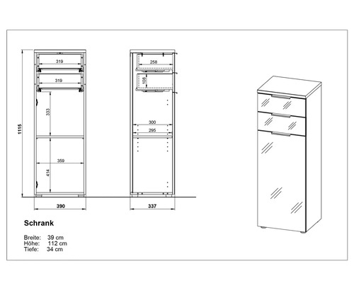 Technický nákres skříně s rozměry