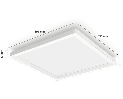 Čtvercové stropní svítidlo o rozměrech 395 x 395 x 37 milimetrů