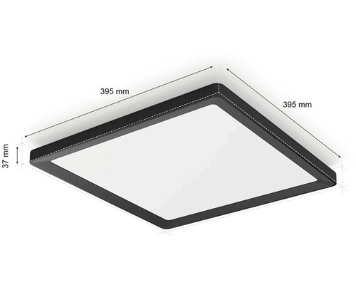 Čtvercové stropní svítidlo o rozměrech 395 krát 395 krát 37 milimetrů.
