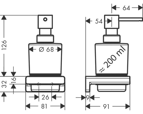 Technický výkres dávkovače mýdla s rozměry