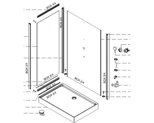 Explozní nákres sprchového koutu se sprchovou vaničkou a montážním příslušenstvím