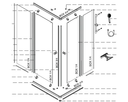 Rozkreslený nákres sprchového koutu s příslušenstvím.