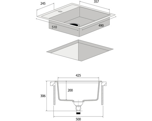 Nákres dřezu s rozměry