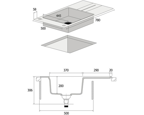 Technický nákres dřezu s rozměry.