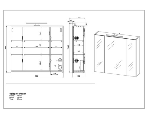 Technický výkres zrcadlové skříňky s rozměry.