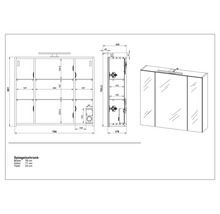 Technický výkres zrcadlové skříňky s rozměry