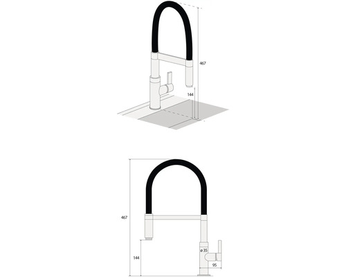 Technický výkres kuchyňské baterie s rozměry