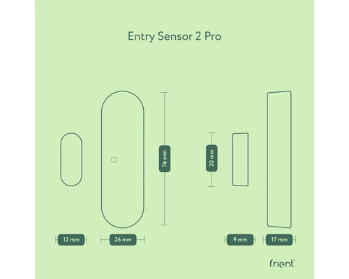 Rozměry Entry Sensor 2 Pro od společnosti frient: 12 mm, 26 mm, 76 mm, 9 mm, 30 mm, 17 mm