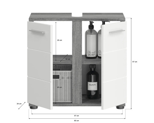 Skříňka pod umyvadlo se dvěma otevřenými dvířky, policemi, košem a lahvemi