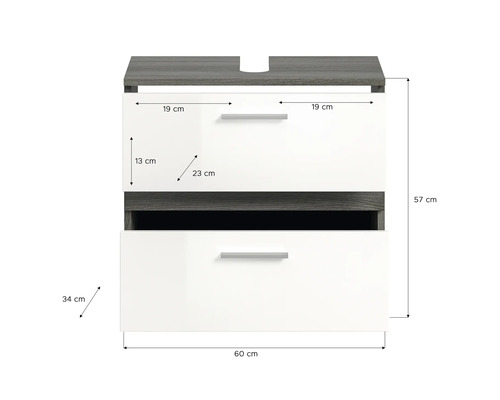 Skříňka pod umyvadlo se dvěma zásuvkami a rozměry.