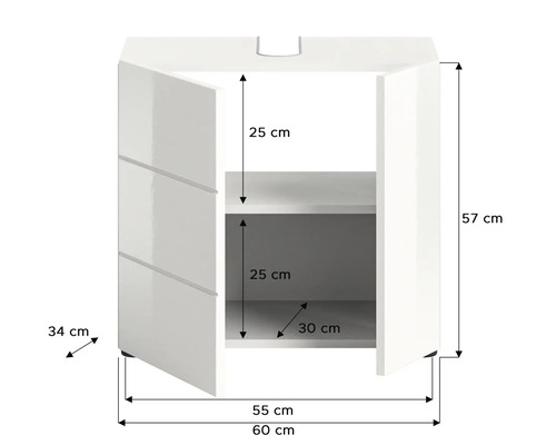 Obrázek koupelnové skříňky s rozměry 57, 30, 25, 34, 55 a 60 centimetrů.