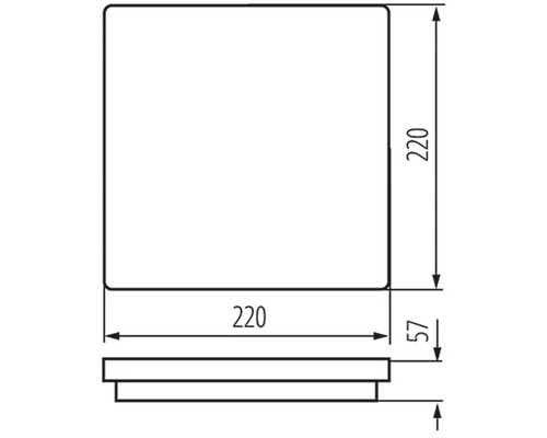 Technický výkres čtvercového objektu o rozměrech 220 x 220 x 57
