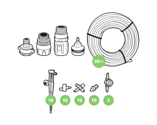 Zavlažovací sada s hadicí, spojkami a kapkovači