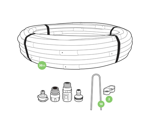 30metrová zavlažovací hadice s konektory a držáky