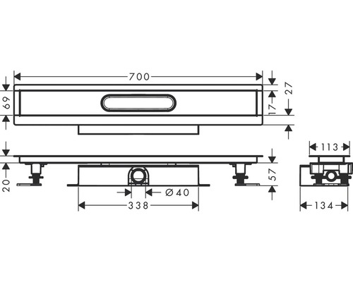 Technický nákres sprchového žlabu s rozměry