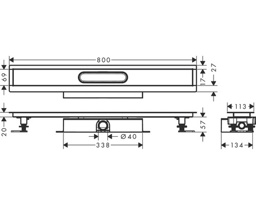 Technický výkres sprchového žlabu s rozměry