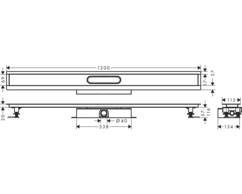Technický výkres sprchového žlabu s rozměry
