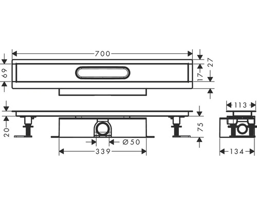 Technický nákres sprchového žlabu s rozměry