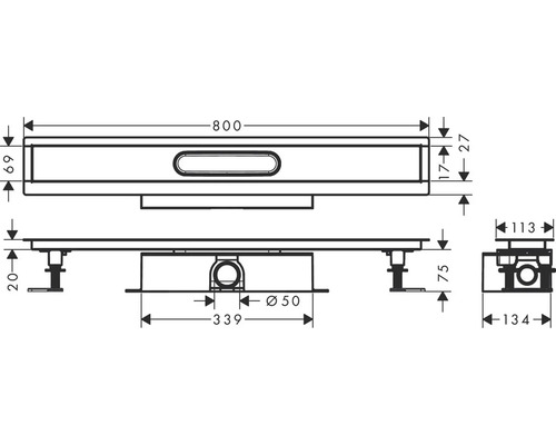 Technický výkres sprchového žlabu s rozměry
