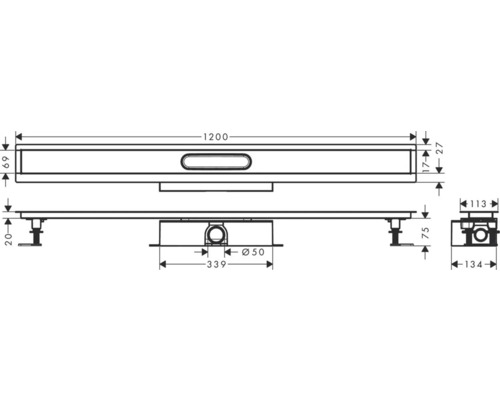 Technický výkres sprchového žlabu s rozměry.