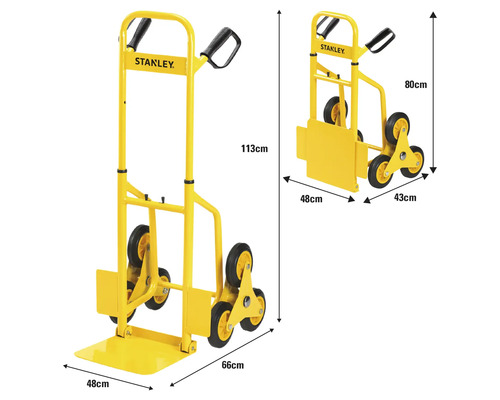 Schodišťový vozík Stanley o rozměrech 113 cm na výšku, 48 cm na šířku a 66 cm do hloubky