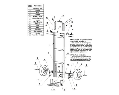 Rozkreslený nákres rudlu s díly a montážním návodem
