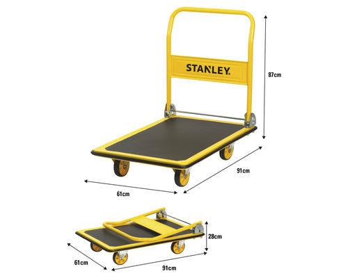 Transportní vozík Stanley o rozměrech 91 x 61 centimetrů v rozloženém a složeném stavu.