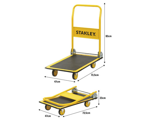 Transportní vozík s logem Stanley, 83 x 73,5 x 47 cm ve dvou pohledech, sestavený a složený