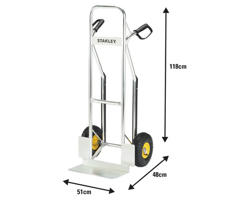 Kolečko na pytle Stanley o rozměrech 118 cm na výšku, 48 cm do hloubky a 51 cm na šířku.
