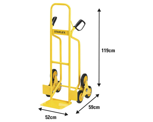 Žlutý schodišťový vozík Stanley o rozměrech 119 cm výška, 52 cm šířka a 59 cm hloubka.