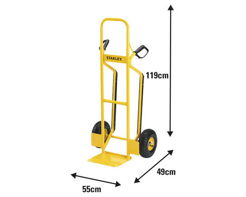 Vozík na pytle Stanley o rozměrech 119 cm na výšku, 55 cm na šířku a 49 cm do hloubky.