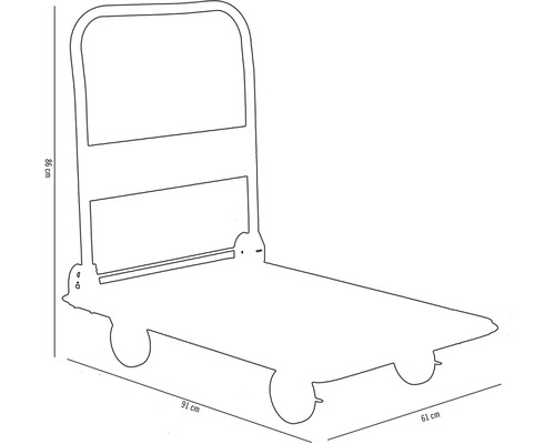 Ruční vozík o rozměrech 86 cm výška, 91 cm délka a 61 cm šířka.