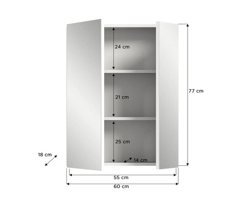 Obrázek bílé koupelnové skříňky o rozměrech 77 cm výška, 60 cm šířka a 18 cm hloubka.