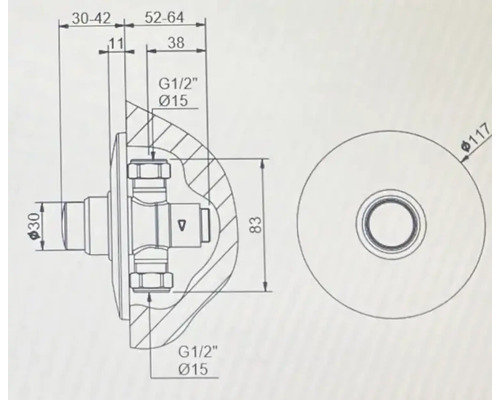 Technický výkres vodovodní baterie s rozměry