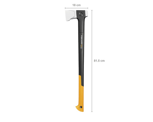 Štípací sekera Fiskars X21 o délce 81,5 cm a šířce hlavy 18 cm.