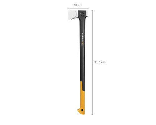 Štípací sekera Fiskars X36 o délce 91,5 cm a šířce hlavy 18 cm.