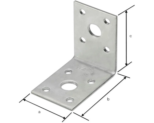 Rohový spojovací prvek z kovu s otvory pro šrouby a rozměry.