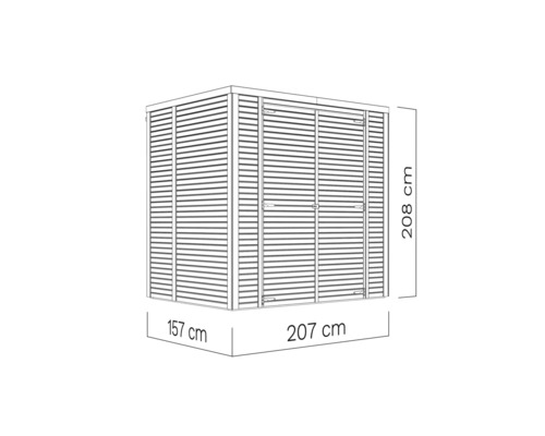 Obrázek zahradního domku o rozměrech 208 cm výška, 157 cm šířka a 207 cm délka.