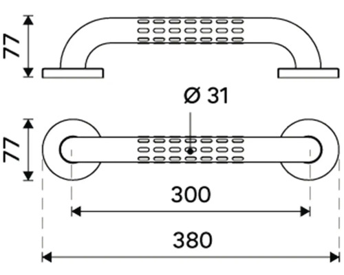 Technický výkres madla o rozměrech 380 mm celková délka, 300 mm rozteč a 31 mm průměr
