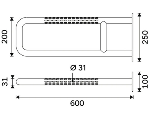 Technický nákres madla s rozměry.