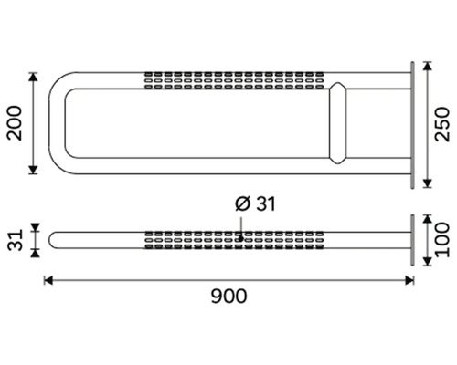 Technický nákres madla s rozměry 900 x 200 x 250 mm