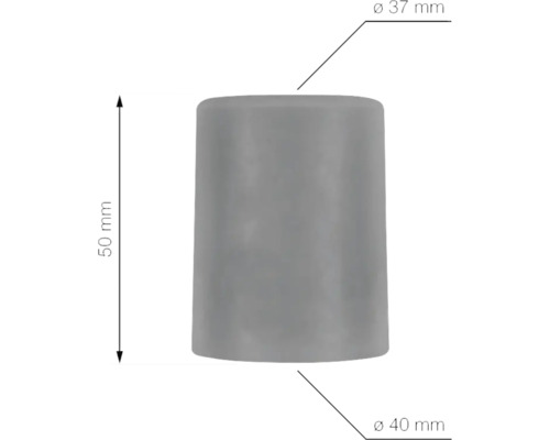 Šedá trubková zátka o rozměrech průměr 37 milimetrů, průměr 40 milimetrů a výška 50 milimetrů