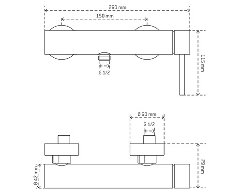 Technický výkres vodovodní baterie s rozměry.