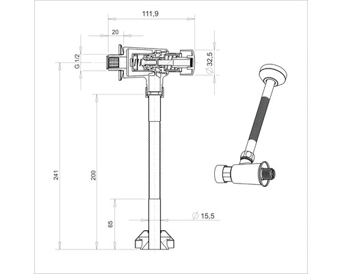 Technický výkres plovákového ventilu s rozměry